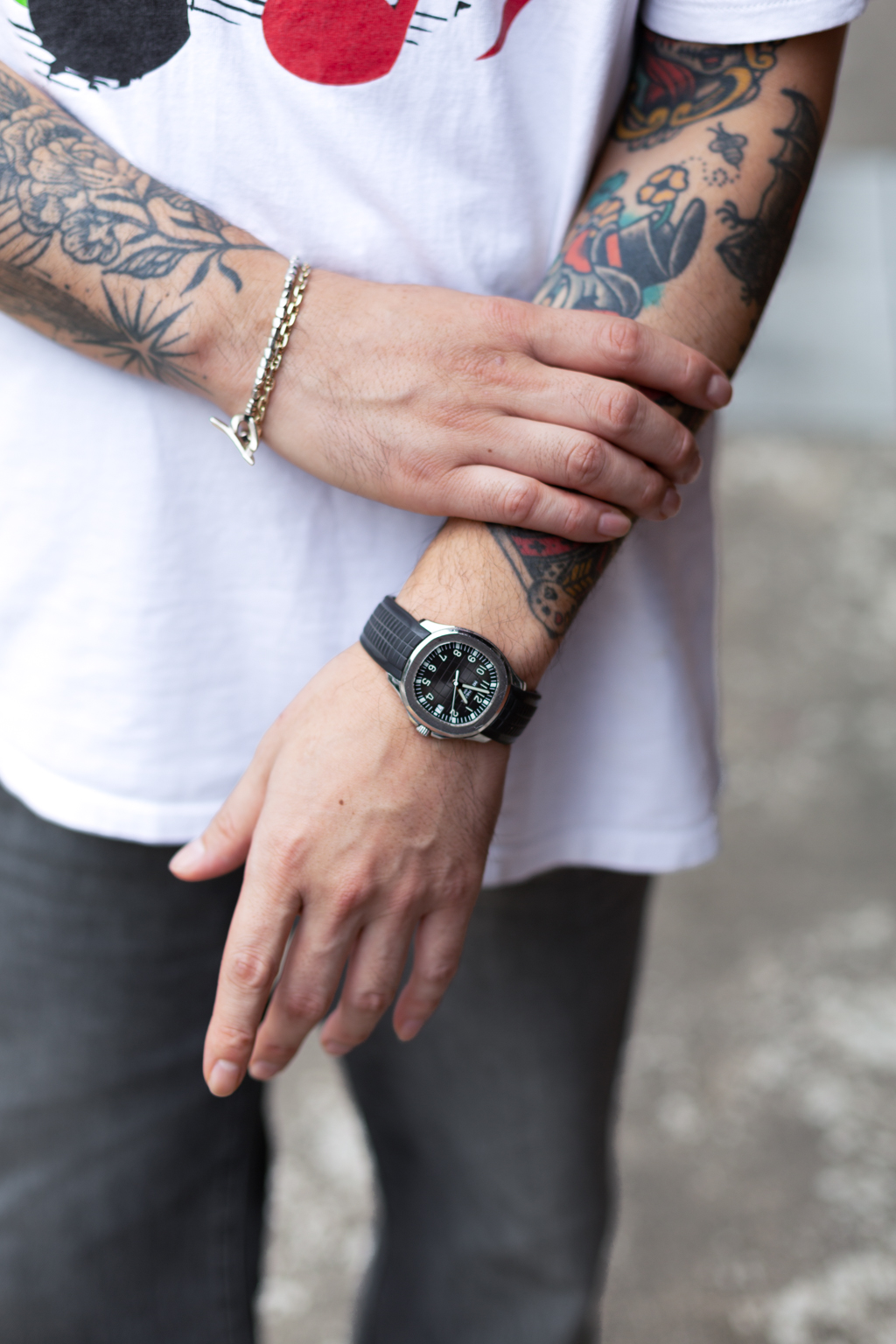 Aki-Japanese-Hairdresser-Cap_A.P.C-Shirt_Thrifted-Jeans_Thrifted-Shoes_Alden-Watch_Patek_Philippe-Tattoos_Japan-Glasses_Guepard-UNIFORM-12092024-4